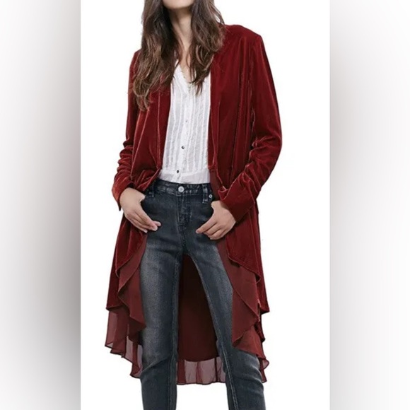 Free People Orange Red Velvet Duster Jacket - Picture 6 of 7